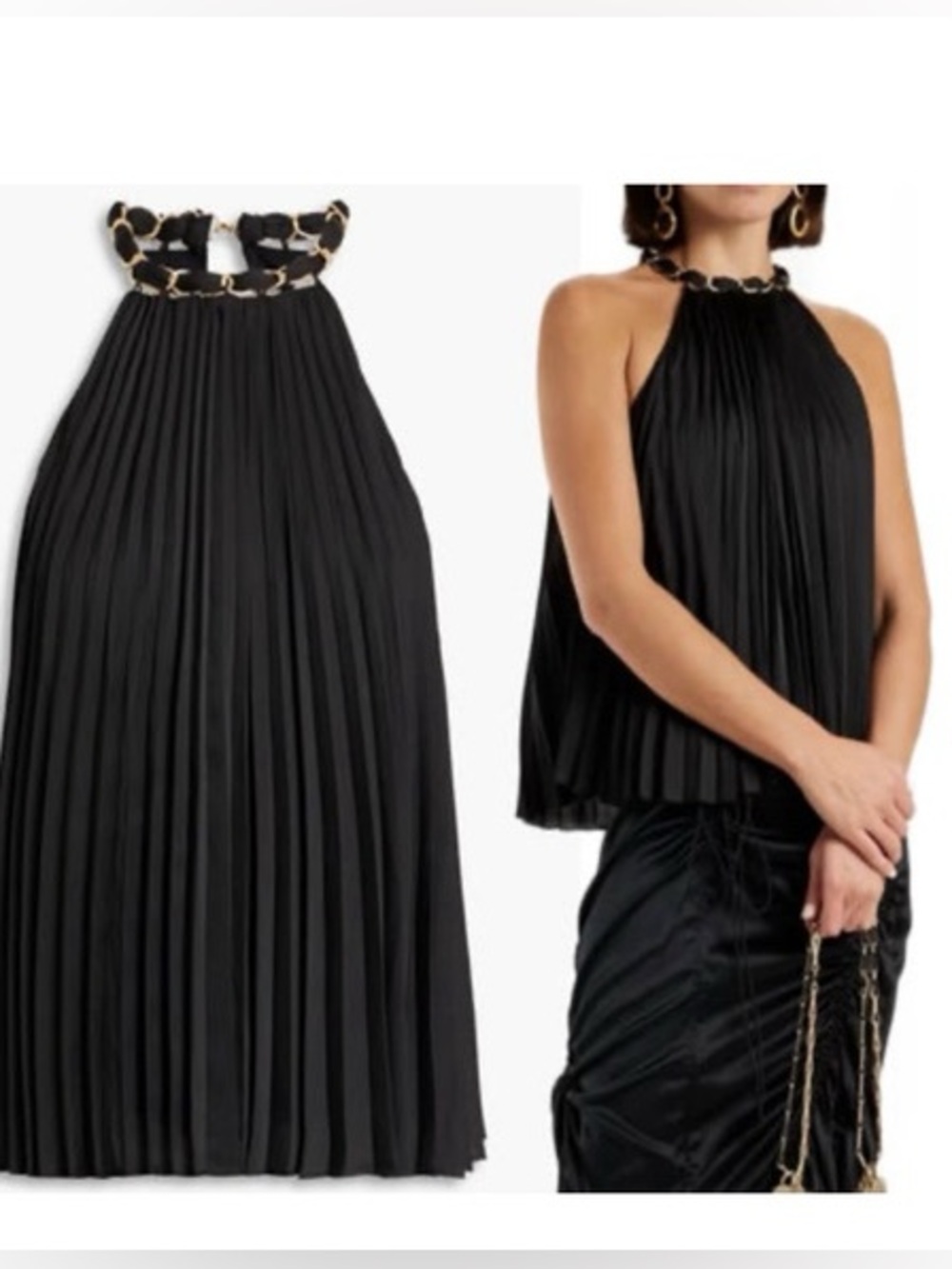 Alice + Olivia Alycia Pleated High Neck Chain Halter Top In Black